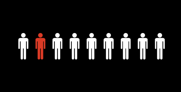 9 figures stand against a black screen, with all of them being white except the second, being red